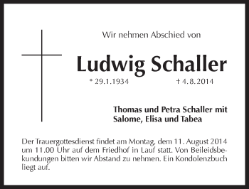 Traueranzeige von Ludwig Schaller von Pegnitz-Zeitung